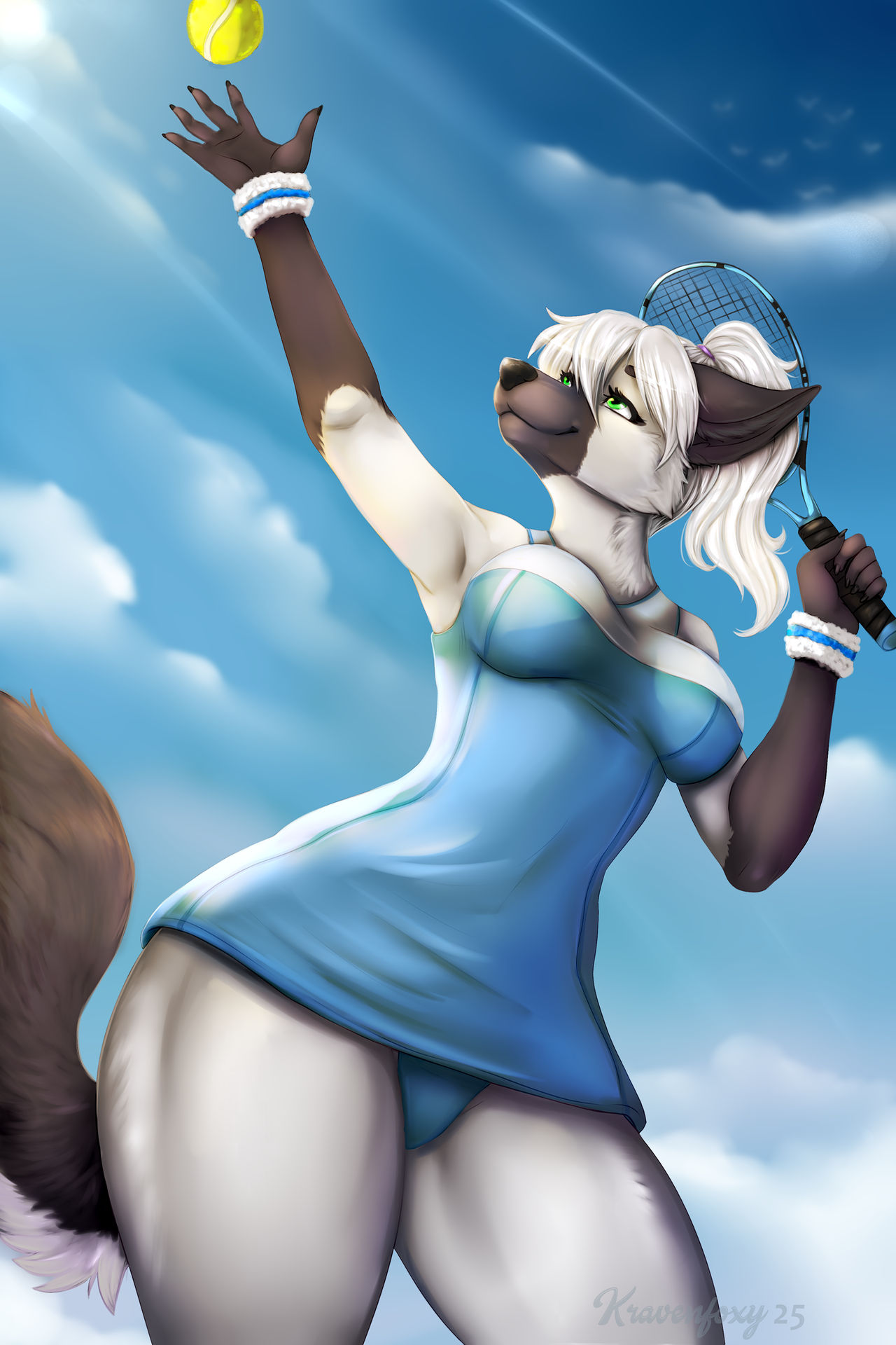 2:3 5_fingers anthro arctic_fox ball black_nose breasts canid canine clothed clothed_anthro clothed_female clothing female fingers fox fur gloves_(marking) hair hi_res humanoid_hands kraven-gothly louise_(grimsilverfire) mammal markings panties smile solo tail tennis_ball tennis_racket true_fox underwear white_body white_fur white_hair wristband