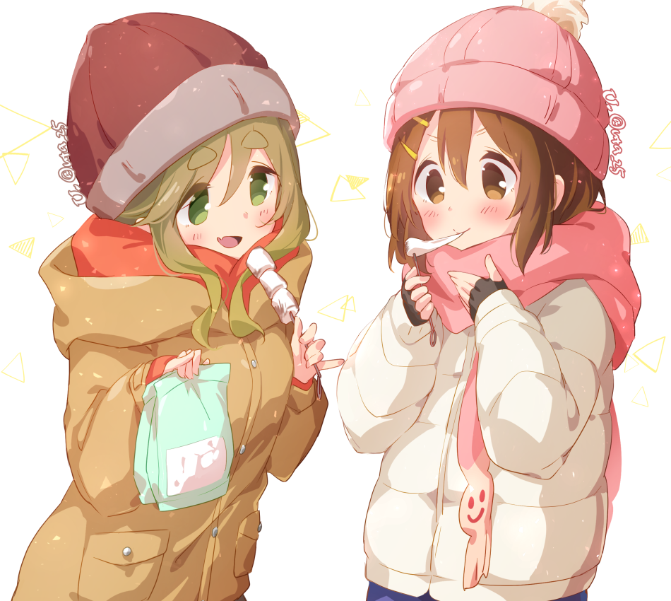 2girls atu beanie blush coat cowboy_shot crossover eating food hat hirasawa_yui inuyama_aoi k-on! looking_at_another marshmallow multiple_girls scarf tareme twitter_username winter_clothes yurucamp