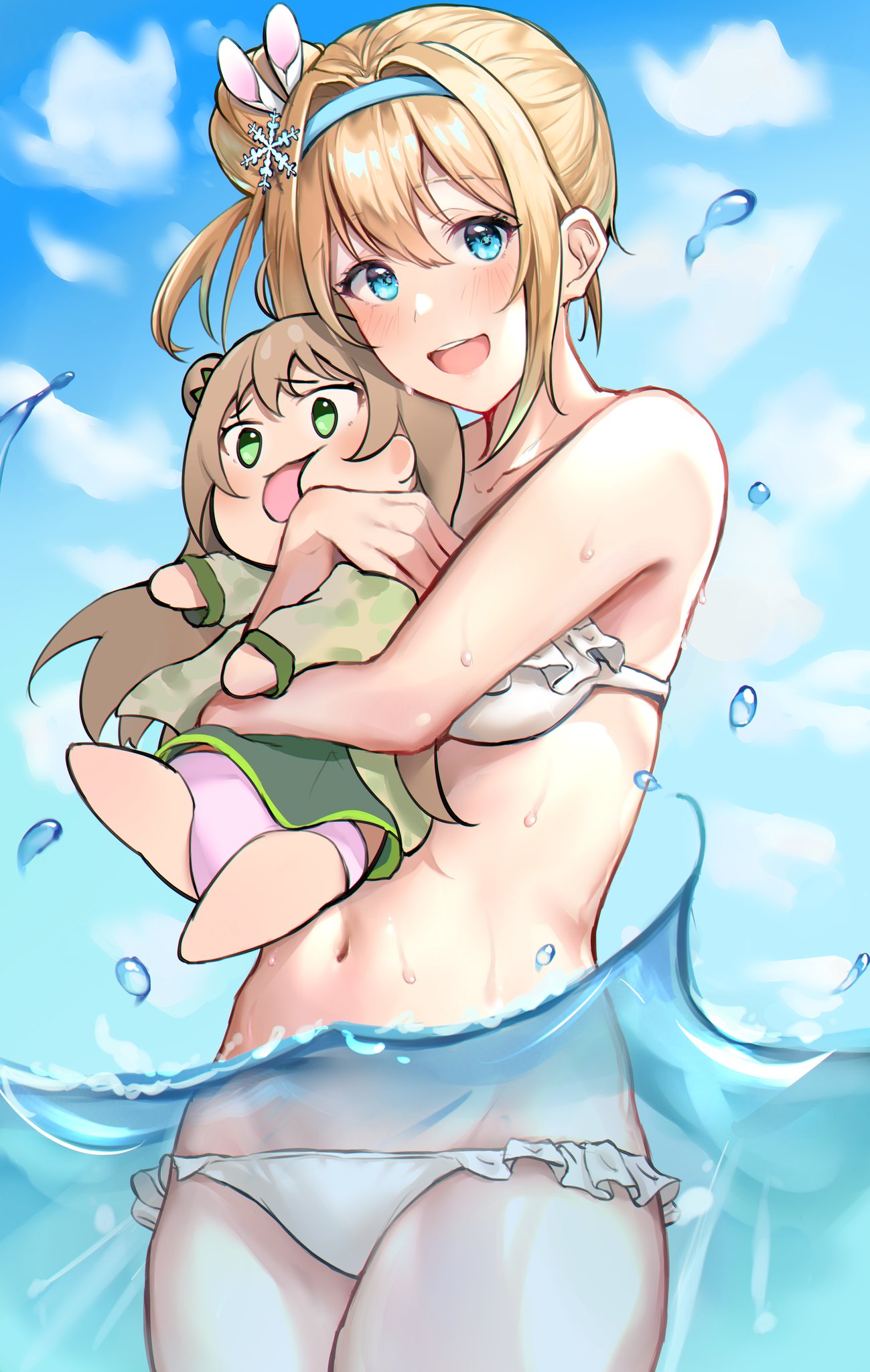 blonde_hair blue_eyes blush breasts brown_hair chibi girls_frontline green_eyes highres hug hug_from_behind medium_breasts official_alternate_costume rfb_(girls_frontline) smile suomi_kp31_(girls_frontline) swimsuit tied_hair zengi