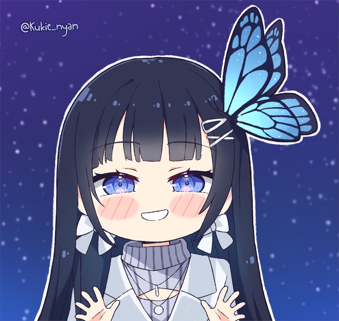 1girl aoi_nabi bangs black_hair blue_eyes bow bow_earrings bug butterfly butterfly_hair_ornament cleavage_cutout clothing_cutout commentary earrings english_commentary grey_sweater hair_ornament hairclip indie_virtual_youtuber insect jacket jewelry kukie-nyan long_hair looking_at_viewer meme_attire mini_necktie open-chest_sweater signature silver_jacket simple_background sky smile solo star_(sky) starry_sky sweater virtual_youtuber