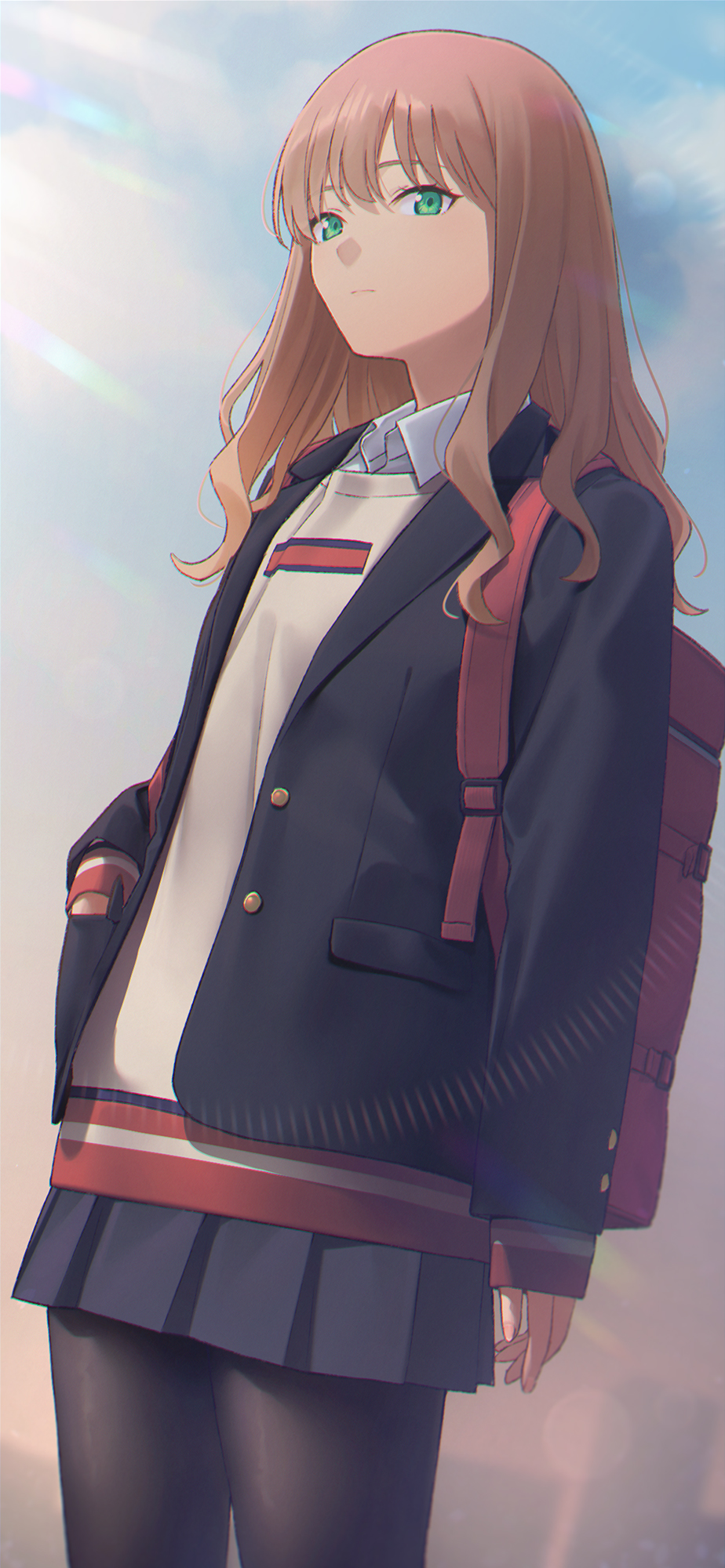 1girl backpack bag bangs black_jacket black_legwear blazer brown_hair brown_sweater closed_mouth collared_shirt commentary_request eyebrows_visible_through_hair green_eyes grey_skirt highres jacket long_hair long_sleeves looking_at_viewer mikazuchi_zeus minami_yume open_blazer open_clothes open_jacket outdoors pantyhose pleated_skirt school_uniform shirt skirt sleeves_past_wrists solo ssss.dynazenon sunset sweater white_shirt