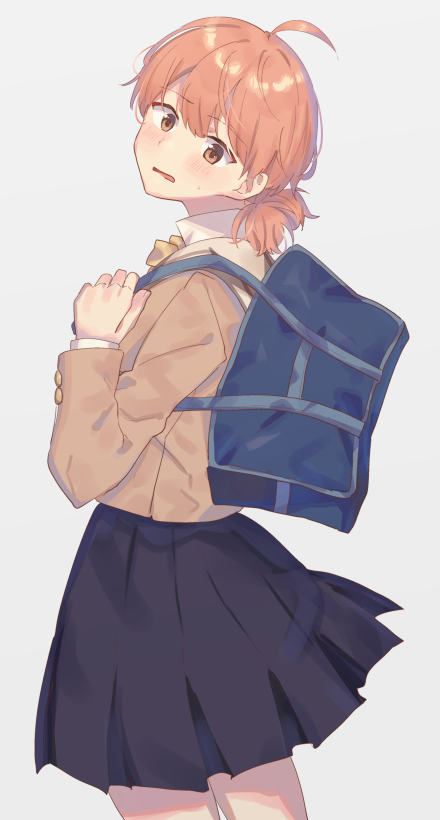 1girl ahoge bag black_skirt blue_bag blush brown_eyes brown_jacket carrying_over_shoulder cowboy_shot eyebrows_visible_through_hair from_side holding holding_bag jacket koito_yuu koju_touma looking_at_viewer medium_hair nervous orange_hair ponytail ribbon school_bag school_uniform shirt_under_jacket simple_background skirt wavy_mouth white_background yagate_kimi_ni_naru yellow_ribbon