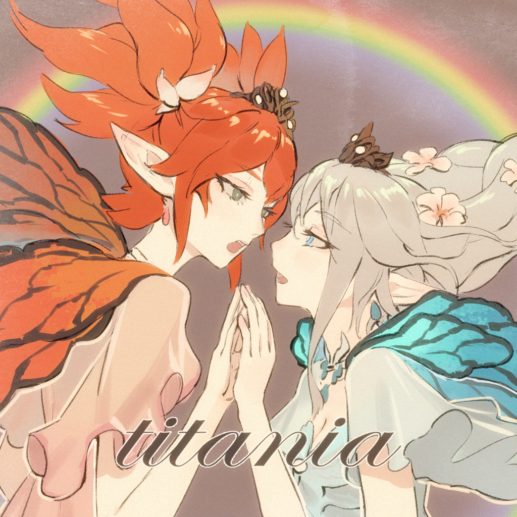 0x3 2others androgynous bangs bare_shoulders blue_eyes braid butterfly_wings earrings eye_contact fairy feo_ul film_grain final_fantasy final_fantasy_xiv flower green_eyes hair_flower hair_ornament hand_to_hand jewelry looking_at_another magnet_(vocaloid) multiple_others open_mouth orange_hair pointy_ears rainbow short_twintails silver_hair tiara titania_(final_fantasy) twintails wings