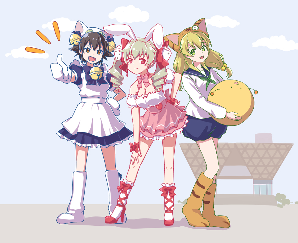 3girls anchovy_(girls_und_panzer) animal_ears apron back_bow ball bangs bell black_hair black_neckwear blonde_hair blouse blue_dress blue_shorts bow bow_choker bow_legwear bowtie braid breasts brown_eyes brown_footwear bunny_ears carpaccio_(girls_und_panzer) cat_ears choker cleavage closed_mouth commentary cosplay day dejiko dejiko_(cosplay) di_gi_charat dice_hair_ornament dress drill_hair eyebrows_visible_through_hair fake_animal_ears frilled_dress frills gema gema_(cosplay) girls_und_panzer gloves green_eyes green_hair green_neckwear hair_ornament hair_ribbon halterneck hand_on_hip hand_on_own_thigh heart high_heels holding holding_ball katakori_sugita layered_dress long_hair long_sleeves looking_at_viewer maid_apron medium_breasts medium_dress multiple_girls neck_bell neckerchief notice_lines open_mouth outdoors paw_boots paw_gloves paws pepperbox_revolver pepperoni_(girls_und_panzer) pink_bow pink_choker pink_dress puffy_short_sleeves puffy_sleeves pumpkin_pants red_bow red_eyes red_footwear red_ribbon ribbon sailor_collar short_hair short_sleeves shorts side-by-side side_braid simple_background smile socks standing tokyo_big_sight twin_drills twintails usada_hikaru usada_hikaru_(cosplay) white_apron white_blouse white_footwear white_gloves white_legwear wrist_ribbon