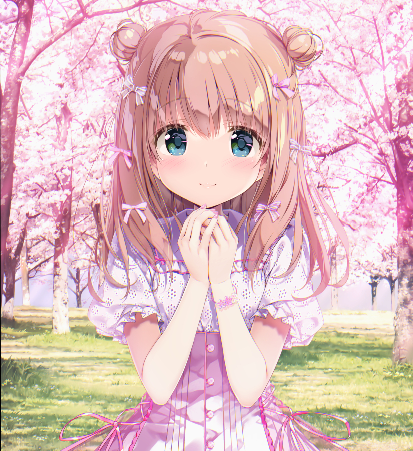 1girl bangs blue_eyes blush bow brown_hair cherry_blossoms closed_mouth collared_shirt commentary_request day double_bun eyebrows_visible_through_hair hair_between_eyes hair_bow hands_up high-waist_skirt kimishima_ao long_hair looking_at_viewer momoi_saki nail_polish original outdoors pink_bow pink_nails pink_skirt puffy_short_sleeves puffy_sleeves shirt short_sleeves skirt smile solo tree white_shirt