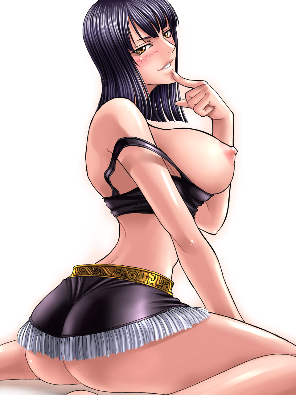 ass back black_hair blush breasts highres huge_breasts kagami_hirotaka miniskirt nico_robin one_piece short_hair skirt solo tank_top yellow_eyes