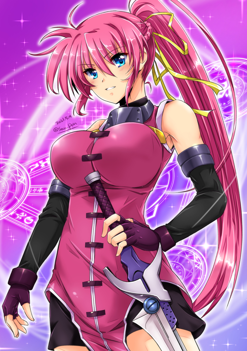 1girl bangs bare_shoulders black_gloves blue_eyes blush breasts dated elbow_gloves eyebrows_visible_through_hair fingerless_gloves gloves grin hair_between_eyes hair_ribbon highres impossible_clothes large_breasts levantine long_hair looking_at_viewer lyrical_nanoha magic_circle mahou_shoujo_lyrical_nanoha mahou_shoujo_lyrical_nanoha_a's pink_hair purple_gloves ribbon san-pon sidelocks signum sleeveless smile sparkle sword twitter_username weapon yellow_ribbon