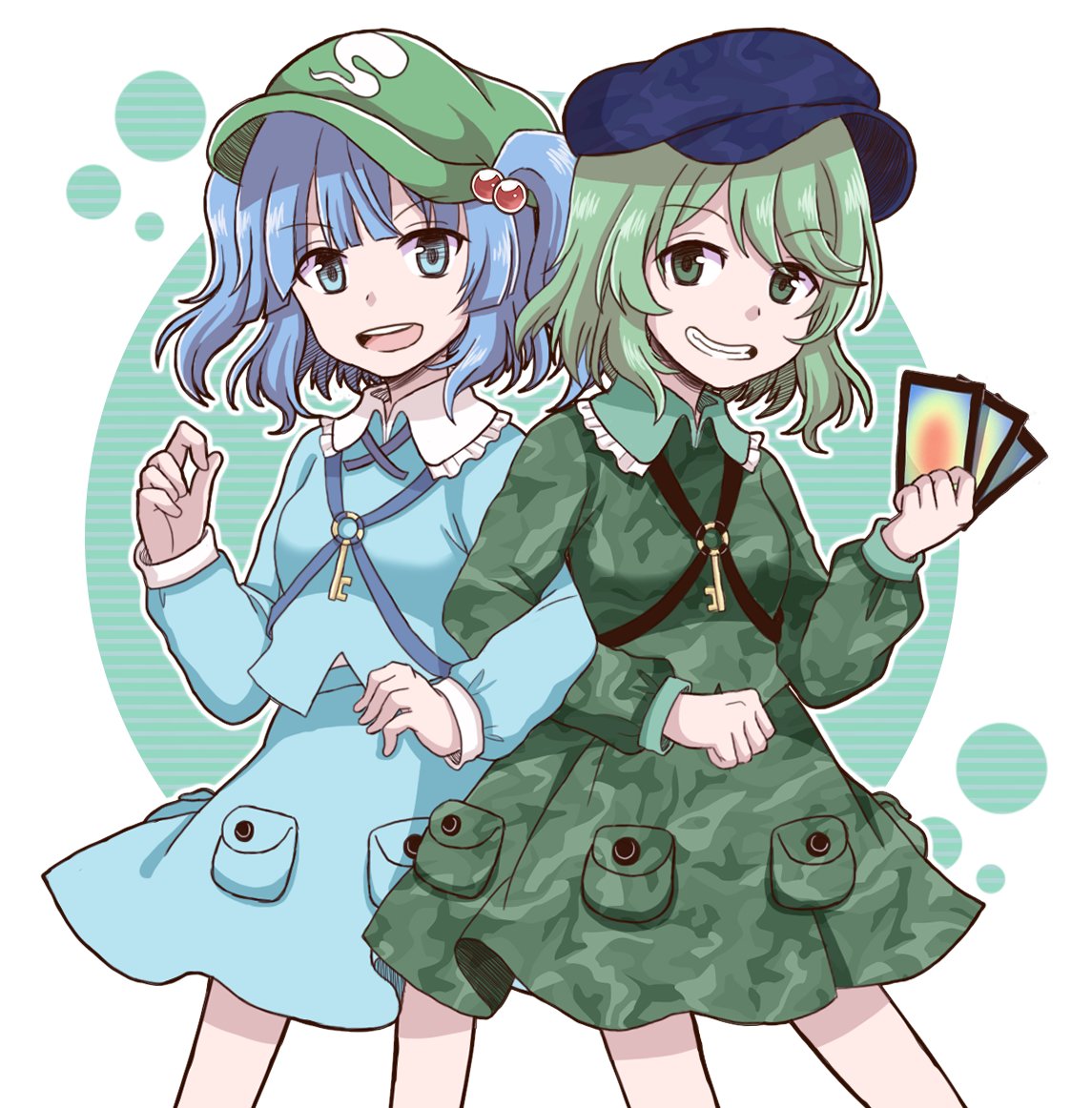 2girls blue_eyes blue_hair camouflage camouflage_print camouflage_shirt camouflage_skirt card green_eyes green_hair hair_bobbles hair_ornament holding holding_card kawashiro_nitori key multiple_girls shirt short_hair short_twintails skirt smile smirk touhou twintails two_side_up unconnected_marketeers ximsol182 yamashiro_takane