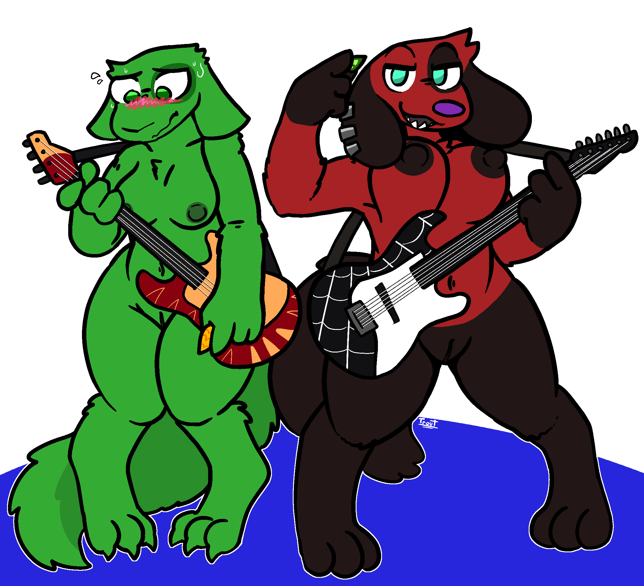 animal_crossing anthro big_breasts blush breasts canid canine canis cherry_(animal_crossing) domestic_dog duo ear_piercing embarrassed embarrassed_nude_exposure female fur genitals guitar guitar_pick hi_res mammal musical_instrument neumono nintendo nipples nude piercing playing_music plucked_string_instrument pussy string_instrument trout_(artist) video_games