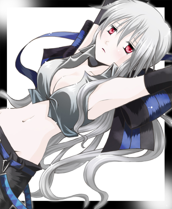 1girl armpits arms_up bangs black_border black_bow black_shorts blush border bow breasts cleavage collared_shirt commentary_request crop_top detached_sleeves dutch_angle grey_shirt hachipocchi hair_between_eyes hair_bow large_bow large_breasts long_hair looking_at_viewer midriff navel outside_border parted_lips red_eyes shirt shorts silver_hair solo upper_body vocaloid voyakiloid white_background yowane_haku