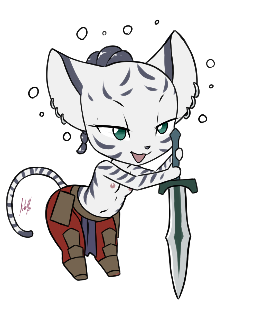 2021 ajira_(swordfox) anthro areola bent_over bethesda_softworks big_ears bottomwear braided_ponytail breasts chibi clothed clothing ear_piercing ear_ring elder_scrolls_online felid female furball_(artist) greatsword green_eyes hi_res khajiit leaning_on_object mammal melee_weapon navel nipples open_mouth panthera pantherine pants piercing pink_areola pink_nipples signature small_breasts solo stripes_(marking) substance_intoxication sword the_elder_scrolls tiger tiger_stripes topless video_games weapon zenimax_online_studios