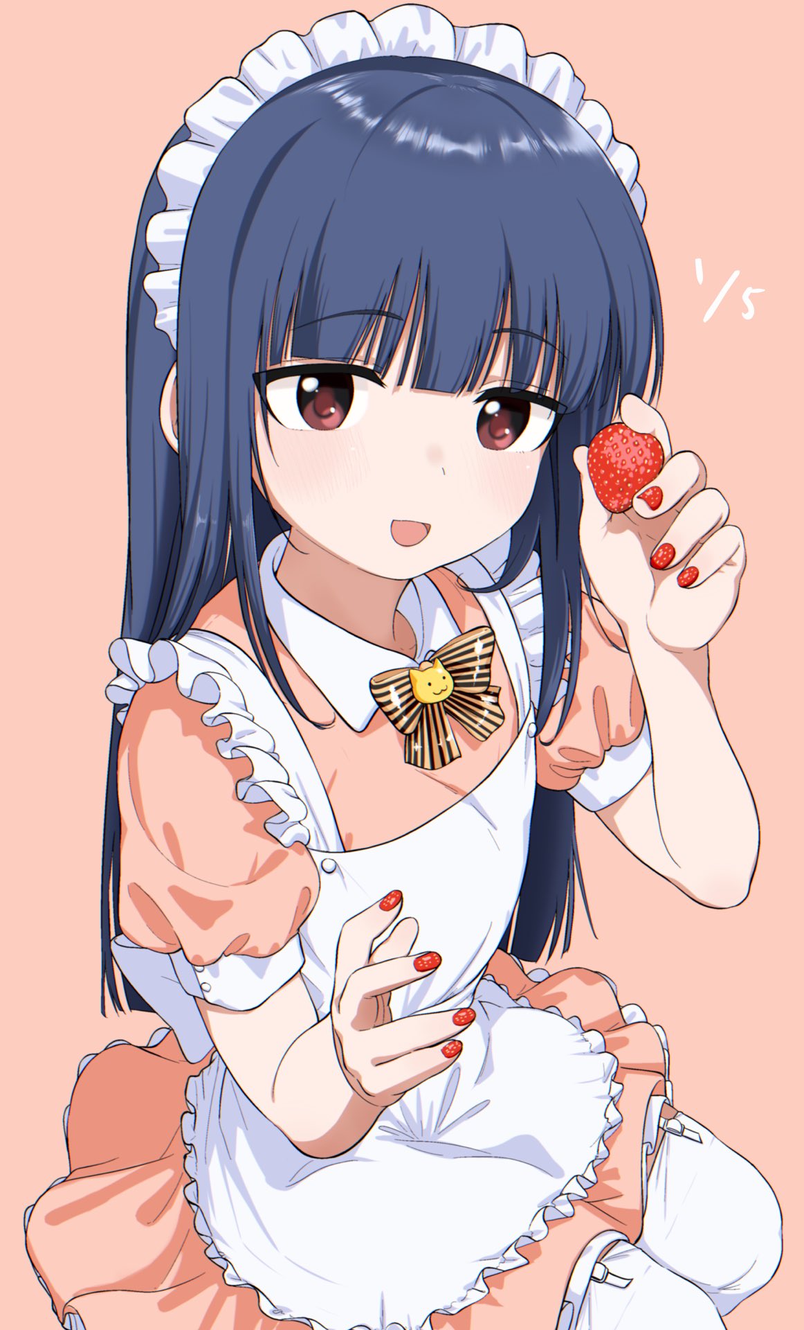 1girl apron bangs blue_hair blunt_bangs blush bouen bow bowtie commentary_request dated dress eyebrows_visible_through_hair food frilled_apron frilled_hairband frills fruit garter_straps hairband highres holding holding_food holding_fruit idolmaster idolmaster_cinderella_girls long_hair looking_at_viewer maid maid_headdress nail_polish open_mouth pink_background pink_dress puffy_short_sleeves puffy_sleeves red_eyes red_nails sajou_yukimi short_sleeves simple_background smile solo strawberry striped striped_neckwear thighhighs white_apron white_legwear
