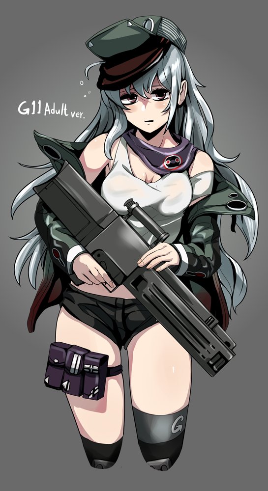 1girl assault_rifle asymmetrical_legwear bangs black_legwear black_shorts breasts brown_eyes character_name commentary cowboy_shot cropped_legs english_text frown g11_(girls_frontline) girls_frontline grey_background grey_headwear grey_jacket gun h&amp;k_g11 hat holding holding_gun holding_weapon jacket long_hair long_sleeves looking_at_viewer medium_breasts micro_shorts off_shoulder older over-kneehighs parted_lips rifle shirt shorts silver_hair solo standing tank_top thigh_pouch thighhighs trigger_discipline weapon white_shirt yaruku