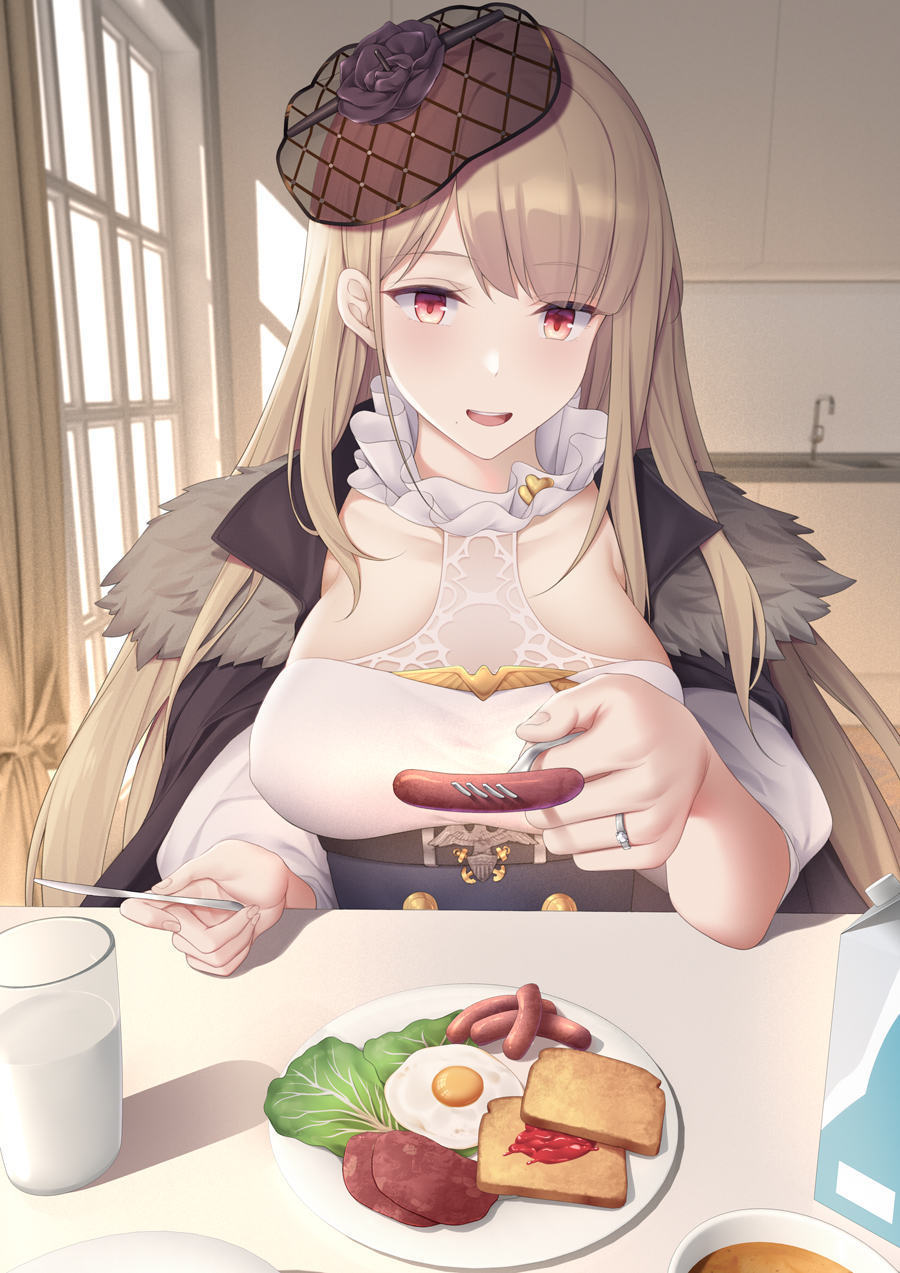 1girl blonde_hair breasts cup drinking_glass food fork fried_egg highres holding holding_fork holding_knife indoors iowa_(warship_girls_r) jewelry knife large_breasts long_hair plate red_eyes ring sausage sidelocks solo toast upper_body warship_girls_r wedding_band zhixiang_zhi