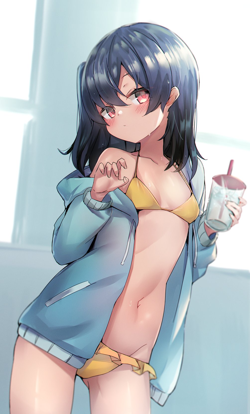 1girl bangs bikini black_hair blue_jacket blush breasts collarbone commentary_request cowboy_shot cup hair_between_eyes halter_top halterneck hands_up highres holding holding_cup hood hooded_jacket jacket kure_(kure_ng) long_hair looking_at_viewer navel off_shoulder open_clothes open_jacket original red_eyes single_bare_shoulder small_breasts solo standing stomach swimsuit yellow_bikini