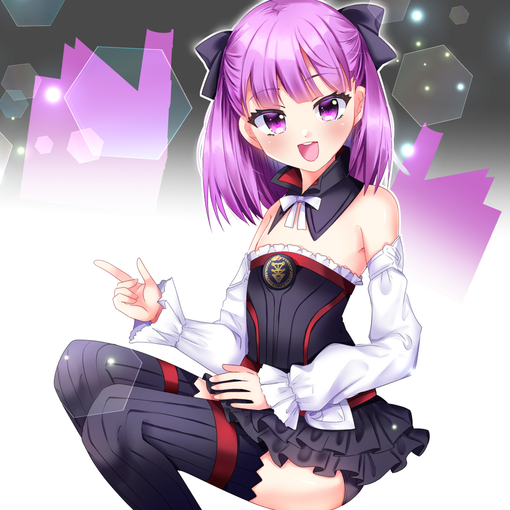 1girl :d bangs bare_shoulders black_bow black_dress black_legwear bow clip_studio_paint_(medium) commentary_request detached_sleeves dress eyebrows_visible_through_hair fate/grand_order fate_(series) feet_out_of_frame gradient gradient_background grey_background hair_bow helena_blavatsky_(fate) long_sleeves misaki_(misaki86) open_mouth puffy_long_sleeves puffy_sleeves purple_eyes purple_hair ribbed_legwear round_teeth sleeves_past_wrists smile solo strapless strapless_dress teeth thighhighs upper_teeth white_background white_sleeves