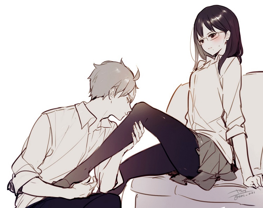 1boy 1girl black_hair black_legwear blush grey_hair haikyuu!! hetero leg_kiss medium_hair mole mole_under_mouth no_shoes pantyhose rimless_eyewear school_uniform shimizu_kiyoko shirt short_hair sitting skirt sugawara_koushi white_shirt yasai_(getsu)