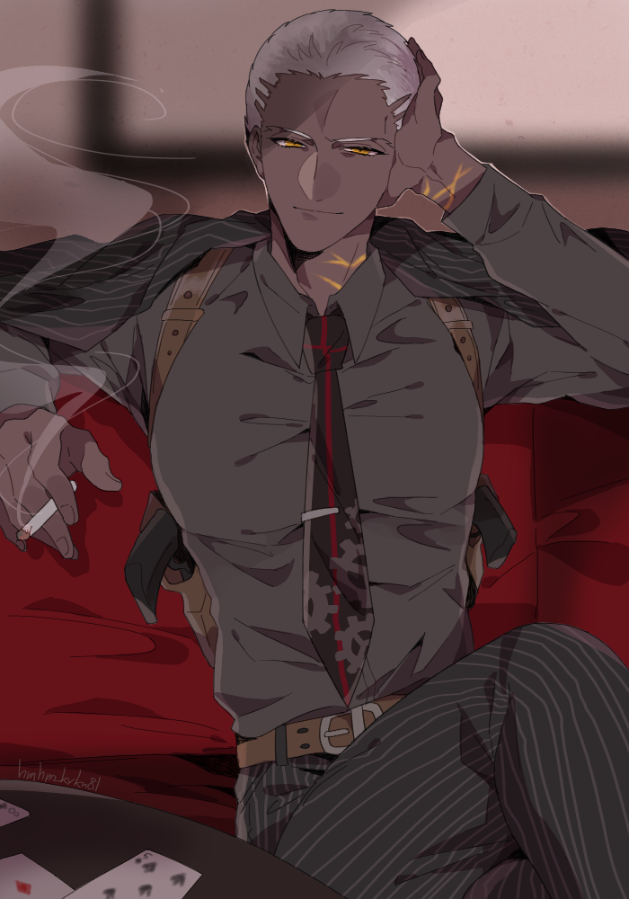 buzz_cut card cigarette couch dark_skin dark_skinned_male emiya_alter fate/grand_order fate_(series) formal heroic_spirit_formal_dress jacket jacket_on_shoulders kintsugi looking_at_viewer namahamu_(hmhm_81) necktie pectorals playing_card short_hair sitting smile very_short_hair yellow_eyes