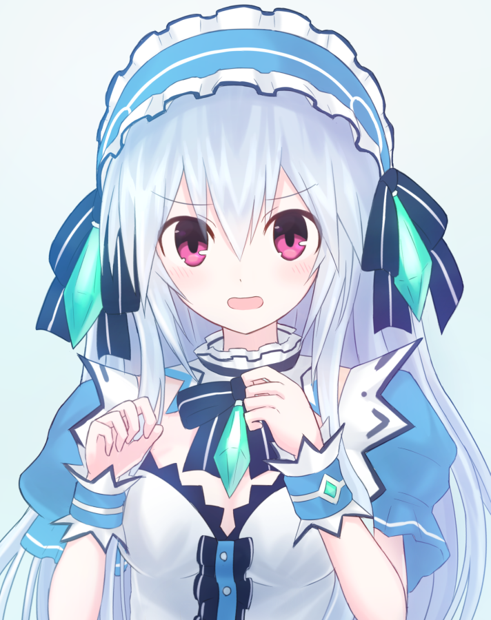 1girl bangs black_ribbon blue_hairband blush breasts buttons center_frills detached_collar eyebrows_visible_through_hair fairy_fencer_f frilled_hairband frills gradient gradient_background hair_between_eyes hairband hands_up lolita_hairband long_hair looking_at_viewer medium_breasts official_style open_mouth pink_eyes puffy_short_sleeves puffy_sleeves ribbon short_sleeves silver_hair solo striped striped_ribbon suta_(clusta) tiara_(fairy_fencer_f) v-shaped_eyebrows very_long_hair