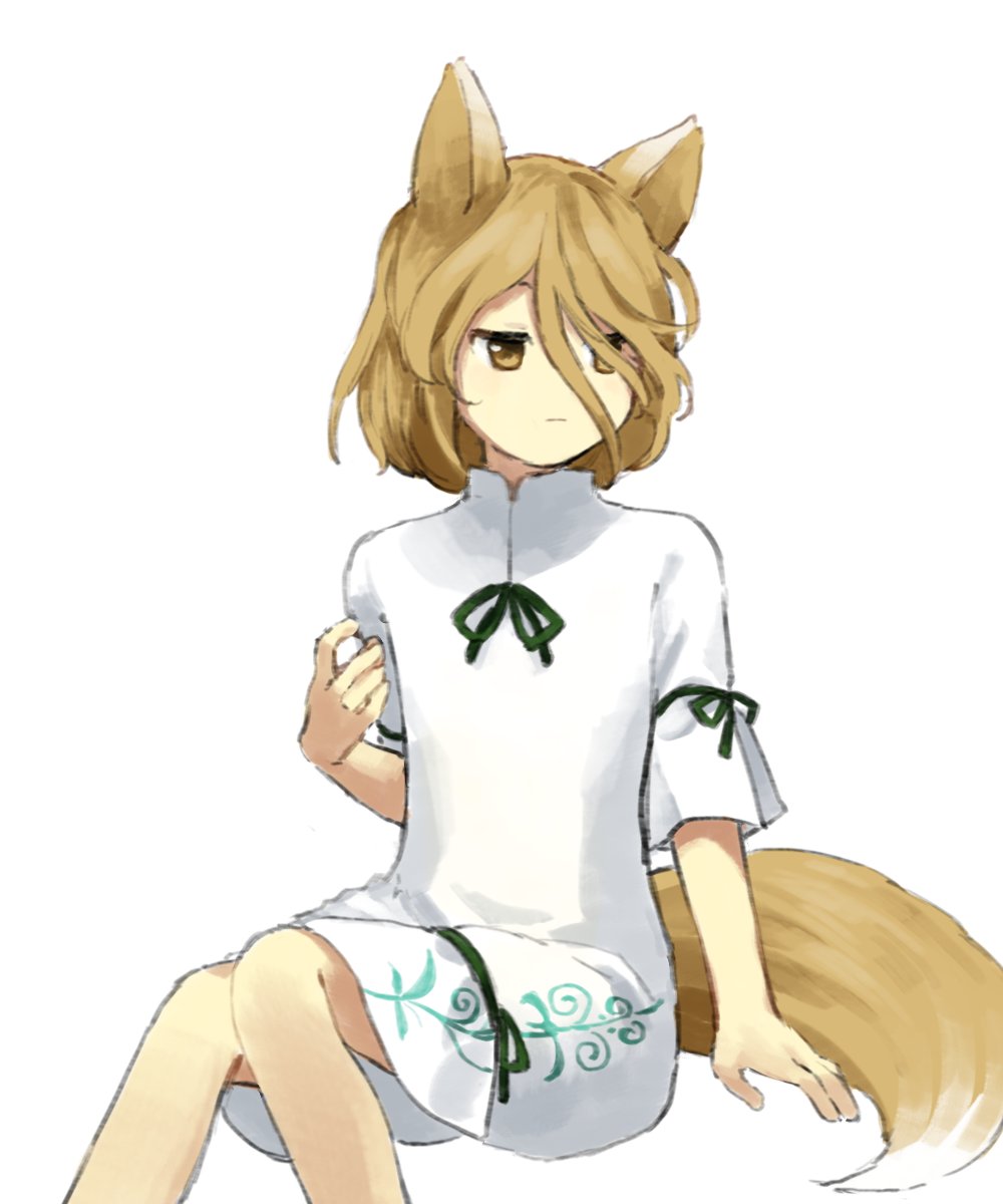1girl :| animal_ears arm_support bangs blonde_hair brown_eyes china_dress chinese_clothes closed_mouth dress expressionless eyebrows_behind_hair flat_chest fox_ears fox_tail green_ribbon hair_between_eyes hair_over_one_eye hand_up highres invisible_chair jitome kaigen_1025 knees_together kudamaki_tsukasa light_brown_hair looking_away looking_to_the_side neck_ribbon ribbon short_hair short_sleeves sidelocks simple_background sitting solo tail touhou white_background white_dress
