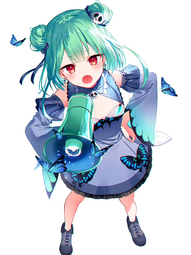 1girl :o bangs blue_butterfly blue_dress blue_footwear blue_ribbon blush breasts bug butterfly commentary_request detached_sleeves double_bun dress earrings eyebrows_visible_through_hair fang full_body green_hair hair_ornament hair_ribbon hand_on_hip holding holding_megaphone hololive insect jewelry kh_(kh_1128) long_sleeves medium_hair megaphone red_eyes ribbon shoes skull_earrings skull_hair_ornament solo standing uruha_rushia virtual_youtuber white_background wide_sleeves