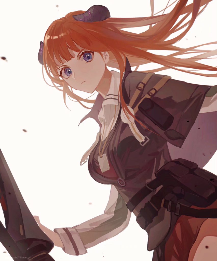 1girl arknights bagpipe_(arknights) belt black_capelet capelet closed_mouth collared_shirt cowboy_shot dragon_horns dust_particles dutch_angle floating_hair frown gunlance holding holding_weapon horns id_card long_hair long_sleeves looking_at_viewer miniskirt orange_hair purple_eyes qinglai_haiji shirt simple_background skirt solo utility_belt weapon white_background white_shirt