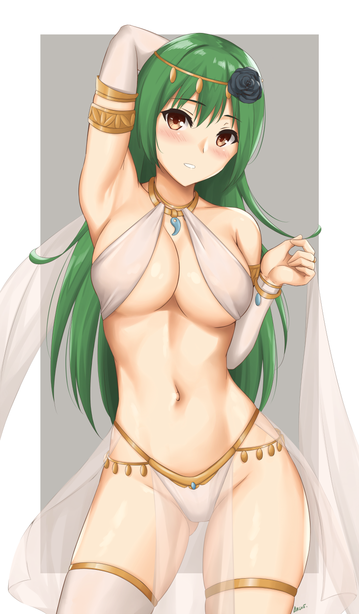 1girl arciealbano arm_behind_head armlet bracelet breasts circlet commentary_request dancer detached_sleeves eyebrows_visible_through_hair flower green_hair hair_flower hair_ornament harem_outfit highres jewelry long_hair looking_at_viewer matsudaira_motoyasu medium_breasts mixed-language_commentary navel oda_nobuna_no_yabou pelvic_curtain revealing_clothes shawl sheer_clothes solo thighlet yellow_eyes