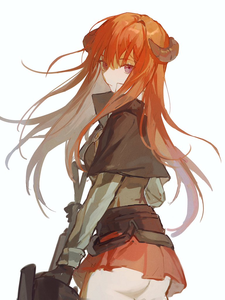 1girl arknights ass bagpipe_(arknights) belt black_capelet capelet closed_mouth cowboy_shot dragon_horns gunlance holding holding_weapon horns long_hair long_sleeves looking_at_viewer miniskirt orange_hair purple_eyes qinglai_haiji red_skirt serious simple_background skirt solo utility_belt weapon white_background