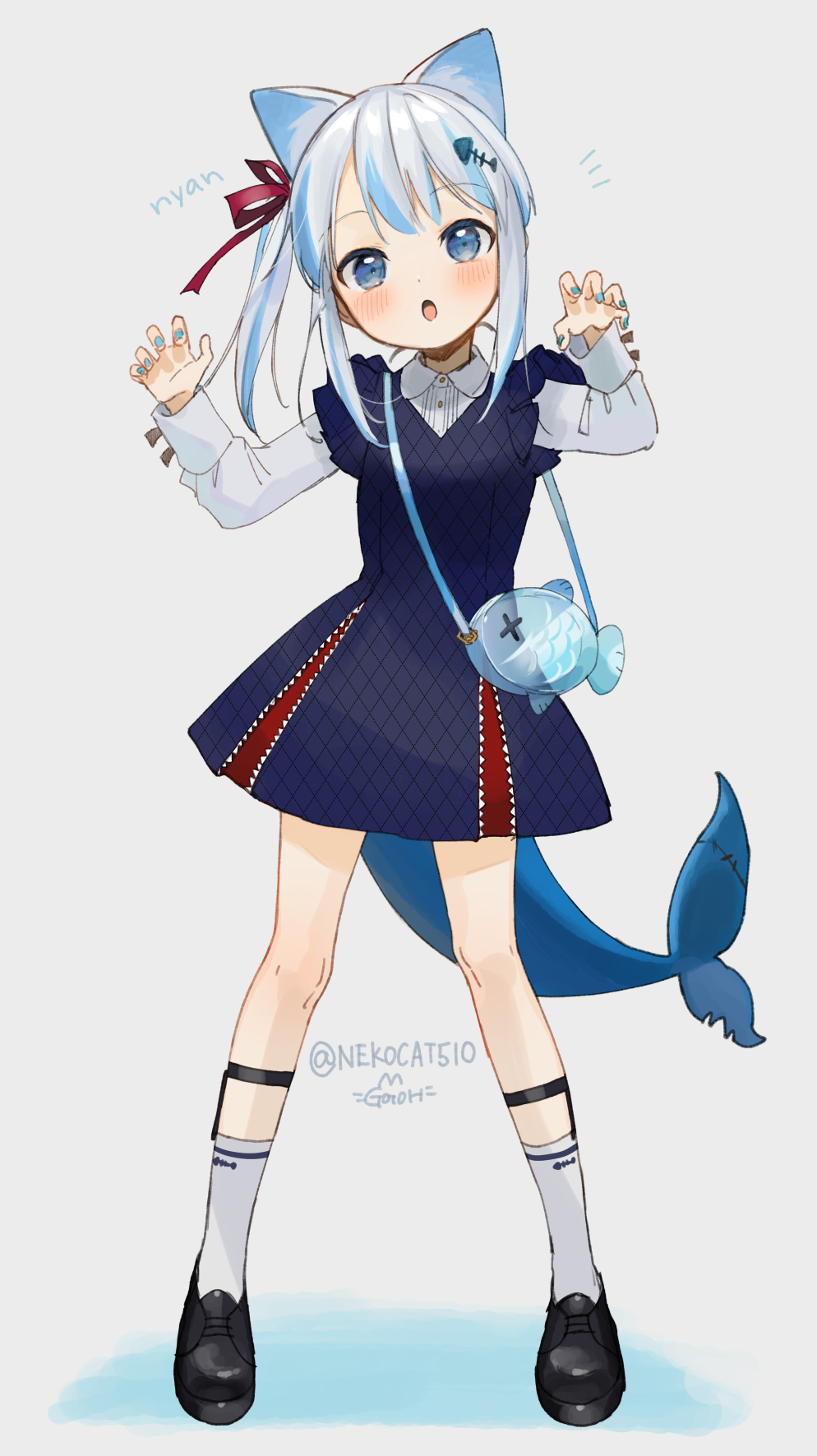 1girl alternate_costume animal_ears animal_print ankle_strap artist_name asymmetrical_hair bag black_footwear blue_dress blue_eyes blue_hair blue_nails blush cat_ears claw_pose collared_shirt commentary dress eyebrows_visible_through_hair fish fish_hair_ornament fish_print fish_tail full_body gawr_gura gotoh510 grey_background hair_ornament hair_ribbon handbag head_tilt highres hololive hololive_english kemonomimi_mode long_sleeves looking_at_viewer medium_hair multicolored_hair nail_polish notice_lines open_mouth red_ribbon ribbon romaji_text shark_tail shirt shoes side_ponytail signature silver_hair simple_background socks solo standing streaked_hair tail twitter_username two-tone_hair virtual_youtuber white_legwear white_shirt