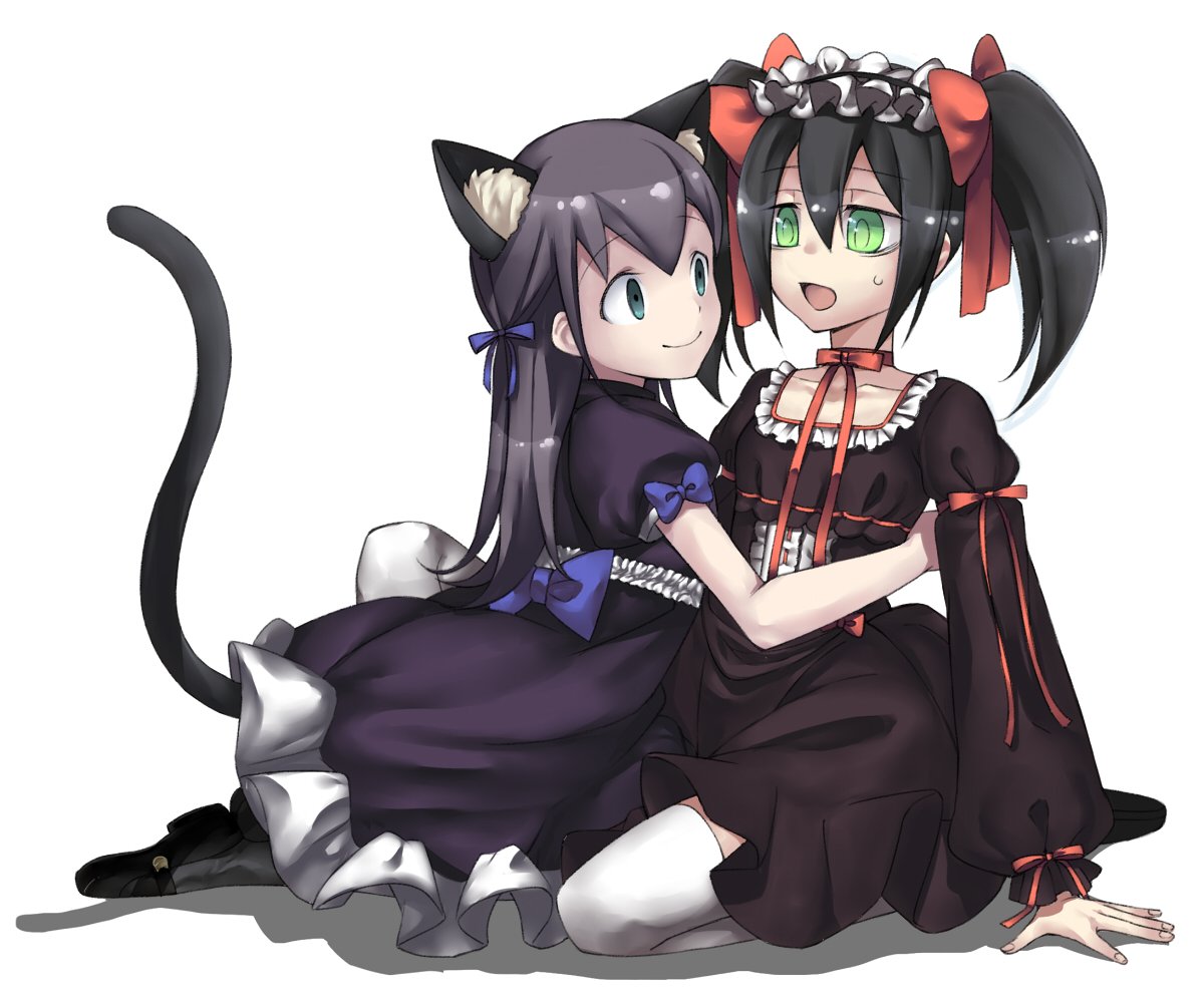 2girls alternate_hair_length alternate_hairstyle animal_ear_fluff animal_ears arm_around_waist arm_support back_bow black_dress black_footwear black_hair black_legwear bow cat_ears cat_girl cat_tail choker closed_mouth collarbone commentary_request cousins dress empty_eyes eye_contact eyebrows_visible_through_hair fingernails frilled_dress frills from_side gomihitosi green_eyes hair_bow hair_ribbon kemonomimi_mode kneeling kuroki_tomoko long_hair long_sleeves looking_at_another maid_headdress mary_janes multiple_girls open_mouth puffy_long_sleeves puffy_short_sleeves puffy_sleeves purple_bow purple_ribbon red_bow red_choker red_ribbon ribbon ribbon_choker satozaki_kiko shadow shiny shiny_hair shoes short_hair short_sleeves sidelocks simple_background smile sweatdrop tail tail_raised thighhighs twintails watashi_ga_motenai_no_wa_dou_kangaetemo_omaera_ga_warui! white_background white_legwear