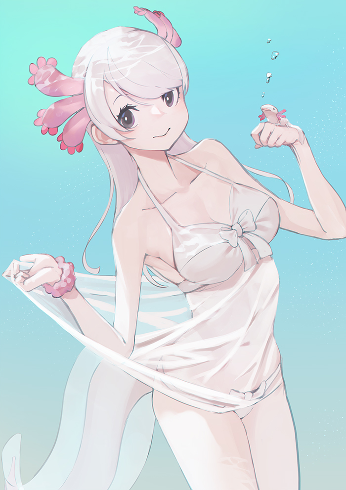 1girl axolotl axolotl_girl axolotl_tail bare_shoulders bikini bow bracelet brown_eyes bubble collarbone cowboy_shot don3 extra_ears jewelry kemono_friends long_hair looking_at_viewer mexico_salamander_(kemono_friends) see-through sleeveless solo swimsuit underwater white_bow white_hair white_swimsuit