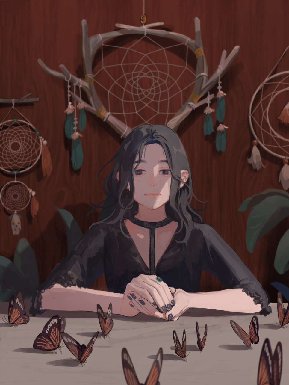 1girl beetle belt_collar black_hair black_nails black_shirt bug butterfly clea closed_eyes collar dream_catcher feathers hands_together highres insect long_hair looking_at_animal messy_hair nail_polish original plant shirt solo upper_body