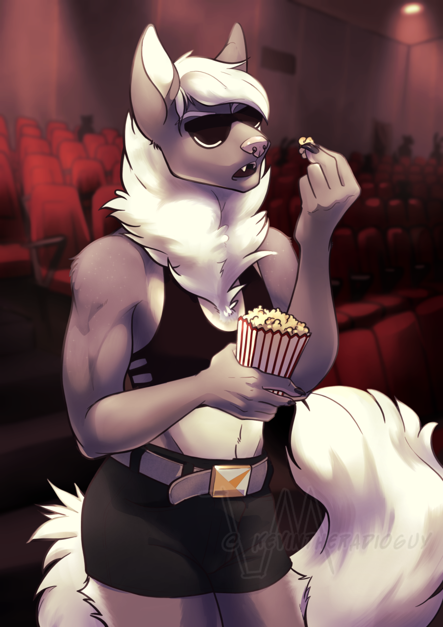 5_fingers anthro athletic athletic_anthro athletic_female bottomwear canid canine canis claws clothed clothing eyewear female fingers flat_chested food frill_(anatomy) fur grey_body grey_fur hair hi_res kevintheradioguy mammal mane multicolored_body neck_frill open_mouth pink_nose popcorn shorts solo sunglasses teeth topwear two_tone_body white_body white_fur white_hair wolf