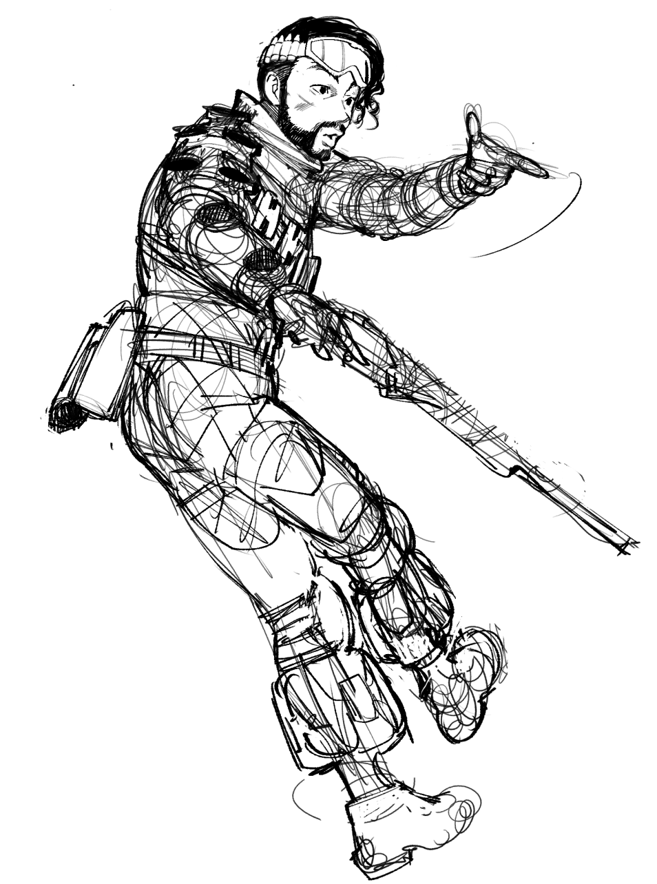 1boy 30-30_repeater apex_legends beard belt bodysuit conto facial_hair finger_gun goatee goggles goggles_on_head greyscale gun hair_behind_ear highres holding holding_gun holding_weapon male_focus mirage_(apex_legends) monochrome open_mouth pointing rifle sketch solo weapon white_background