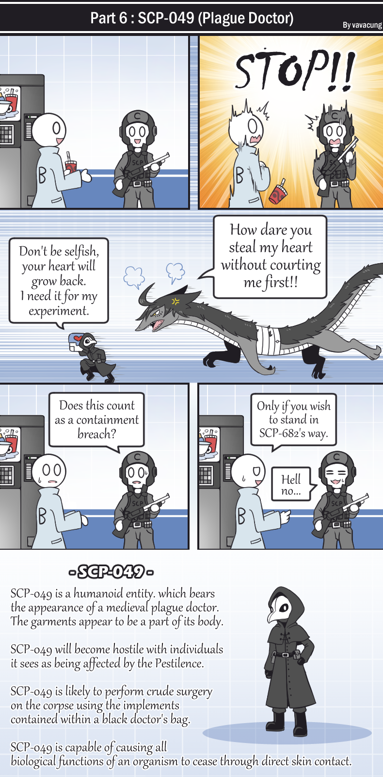 ambiguous_gender armor clothing comic dialogue duo english_text feral grey_body grey_hair gun hair hi_res human larger_feral letterbox lizard mammal monster plague_doctor ranged_weapon reptile scalie scp-049 scp-682 scp-805 scp_foundation size_difference smaller_human solo_focus text vavacung weapon yellow_eyes