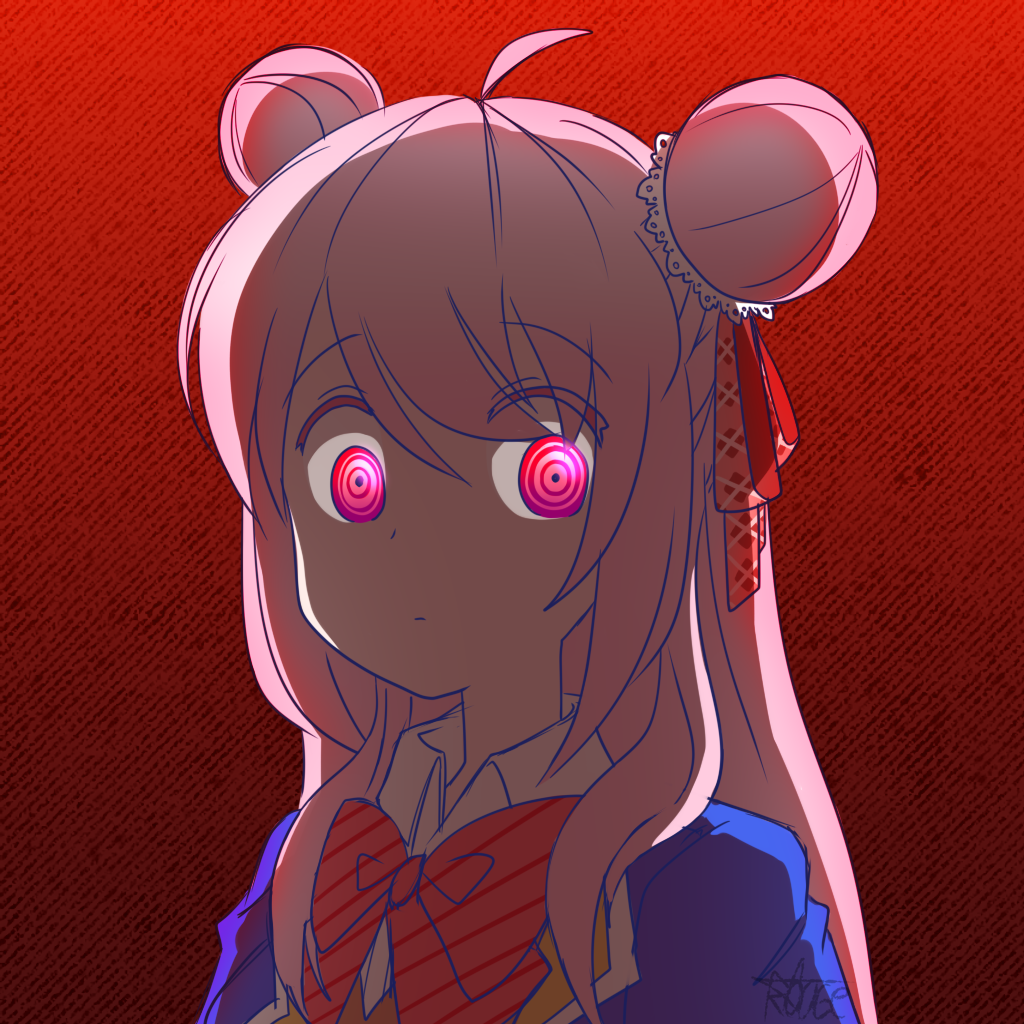 1girl @_@ ahoge bow closed_mouth double_bun eyebrows_visible_through_hair hair_ribbon happy_sugar_life matsuzaka_satou patterned_background pink_hair red_background red_eyes ribbon school_uniform signature solo thegreatrouge upper_body