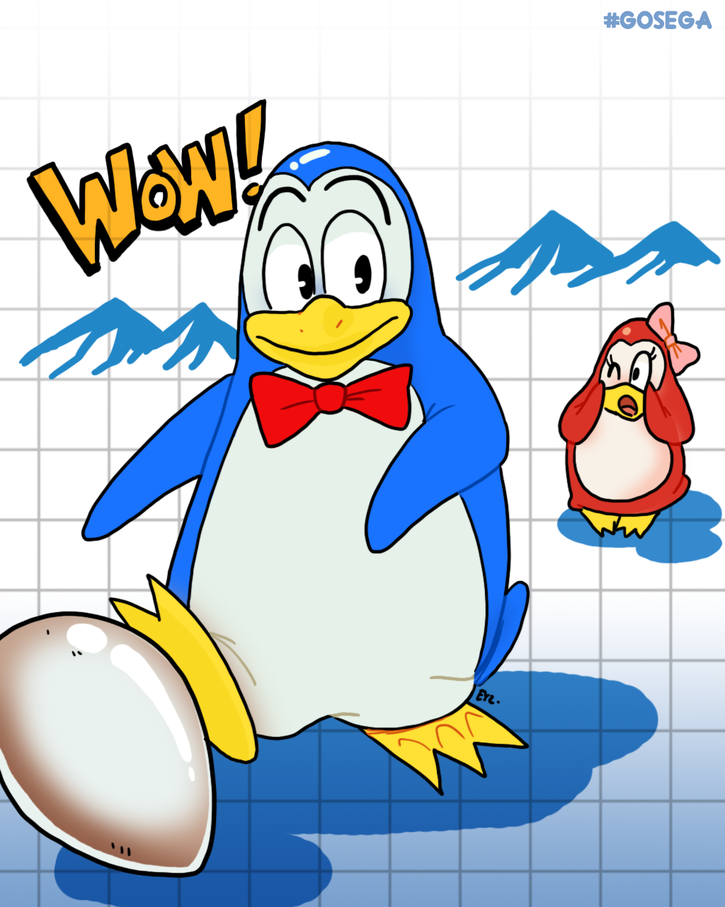 avian bird blue_body blush bow_tie egg english_text female hi_res ice male mammal one_eye_closed penguin penguin_land red_body ribbons text theeyzmaster white_body wink winter