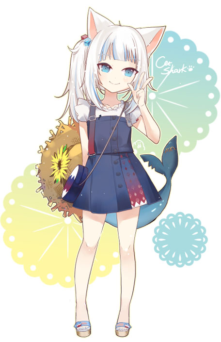 1girl aa2233a animal_ears blue_dress blue_eyes blue_hair brown_headwear cat_ears closed_mouth dress english_text fish_tail flower full_body gawr_gura hand_up hat hat_flower hat_removed headwear_removed hololive hololive_english multicolored_hair shark_tail shirt sleeveless sleeveless_dress smile solo standing straw_hat streaked_hair tail virtual_youtuber w white_background white_hair white_shirt yellow_flower