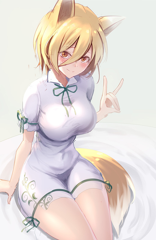 1girl animal_ears blonde_hair blush breasts closed_mouth covered_navel dress fox_ears fox_girl fox_shadow_puppet fox_tail hair_between_eyes kudamaki_tsukasa large_breasts light_smile looking_at_viewer short_dress short_hair short_sleeves simple_background sitting solo tail touhou white_dress wide_hips yellow_eyes z.o.b