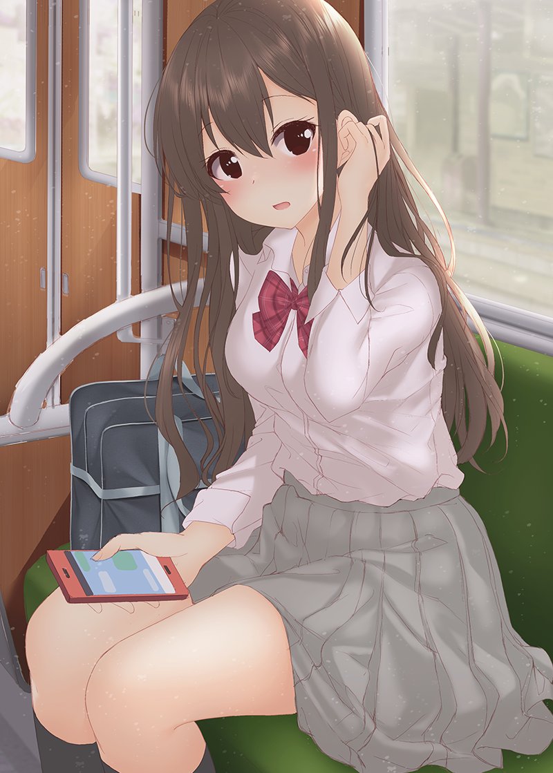 1girl bag black_legwear blush bow bowtie brown_eyes brown_hair collared_shirt grey_skirt ground_vehicle hand_in_hair hand_up holding holding_phone long_hair long_sleeves looking_at_viewer minato_ojitan open_mouth original phone pleated_skirt red_bow red_neckwear school_bag school_uniform shirt sitting skirt socks solo train train_interior white_shirt window