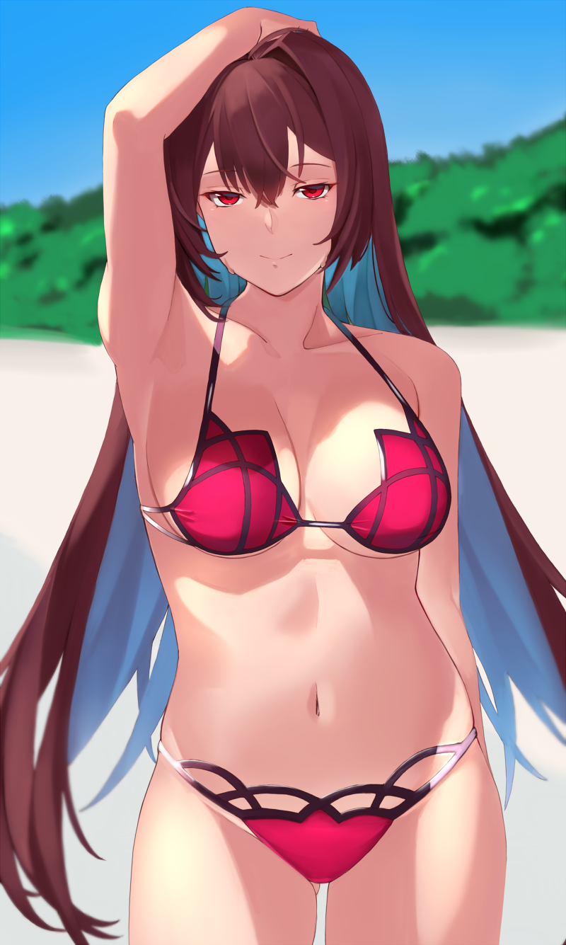 1girl arm_up beach bikini blue_sky breasts day fate/grand_order fate_(series) hair_intakes highres horizon large_breasts looking_at_viewer navel outdoors pink_bikini purple_bikini purple_hair red_eyes saisarisu sand scathach_(fate)_(all) scathach_(swimsuit_assassin)_(fate) sky smile solo swimsuit tree