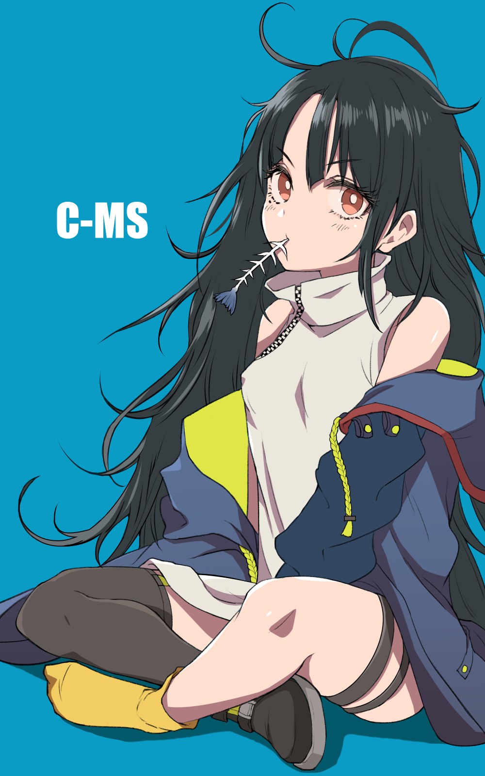 1girl black_footwear black_hair black_legwear blue_background blue_jacket breasts c-ms_(girls_frontline) character_name crossed_legs eyebrows_visible_through_hair girls_frontline highres jacket long_hair looking_at_viewer open_clothes open_jacket red_eyes shirt shoes single_shoe single_sock single_thighhigh sitting_on_floor small_breasts socks solo thighhighs white_shirt yellow_legwear yu_416416