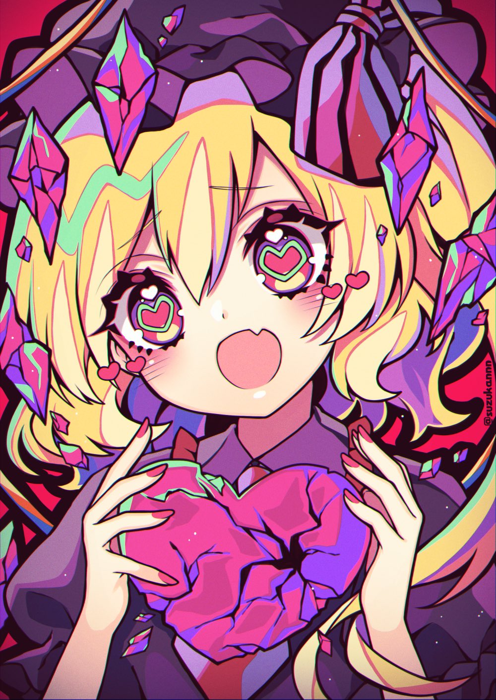 1girl alternate_color black_bow black_headwear black_shirt blonde_hair blush bow broken broken_heart commentary_request crack crystal eyebrows_visible_through_hair fang flandre_scarlet frilled_shirt_collar frills furrowed_eyebrows hands_up hat hat_bow head_tilt heart heart-shaped_pupils highres holding holding_heart kyouda_suzuka looking_at_viewer medium_hair mob_cap multicolored multicolored_eyes nail_polish necktie one_side_up open_mouth pink_nails puffy_short_sleeves puffy_sleeves purple_eyes red_eyes shards shirt short_sleeves skin_fang solo symbol-shaped_pupils touhou twitter_username upper_body wings