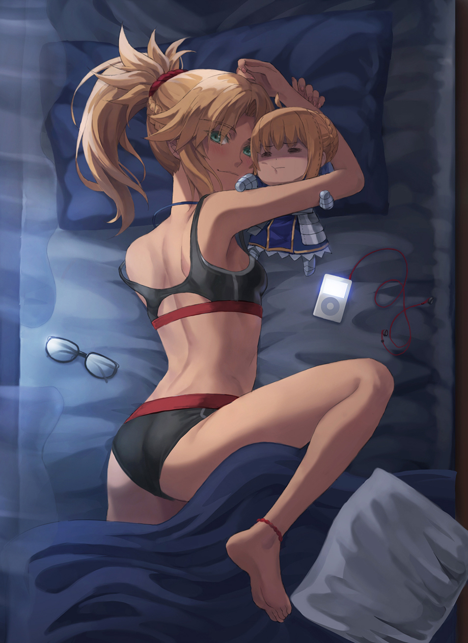 1girl artoria_pendragon_(all) ass bangs bare_shoulders blonde_hair braid breasts character_doll fate/apocrypha fate/stay_night fate_(series) french_braid green_eyes hair_ornament hair_scrunchie highres long_hair looking_at_viewer mordred_(fate) mordred_(fate)_(all) parted_bangs ponytail red_scrunchie saber scrunchie sidelocks small_breasts smile stuffed_toy thighs tonee