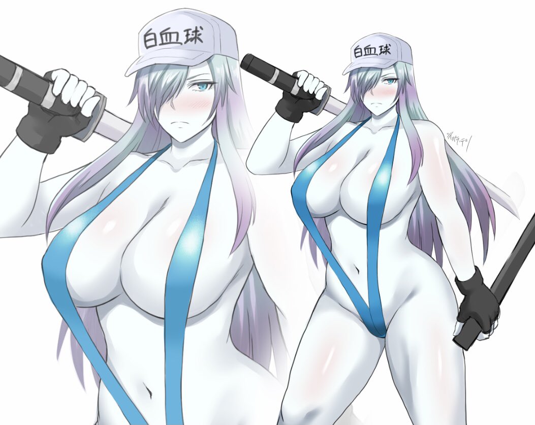 1girl black_gloves blue_eyes blue_swimsuit blush cowboy_shot fingerless_gloves gloves gradient_hair grey_hair hair_over_one_eye hataraku_saibou hataraku_saibou_black holding holding_sword holding_weapon long_hair looking_at_viewer multicolored_hair navel one-piece_swimsuit pale_skin purple_hair shibusun simple_background slingshot_swimsuit solo swimsuit sword u-1196 very_long_hair weapon white_background white_blood_cell_(hataraku_saibou) zoom_layer