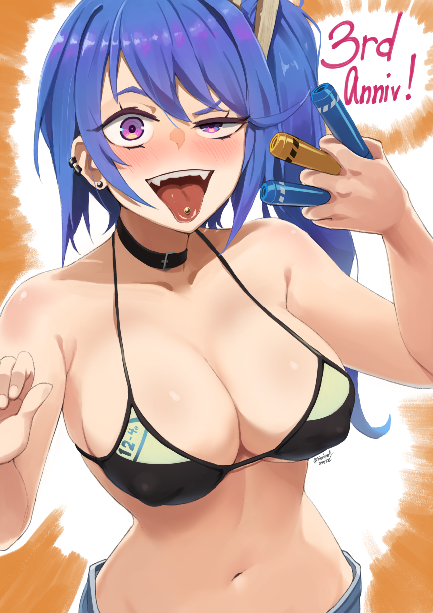 1girl anniversary bangs bare_shoulders bikini bikini_top blue_hair blush breasts choker cleavage commentary covered_nipples dated denim denim_shorts earrings english_commentary explosive girls_frontline hair_ornament highres jewelry k11_(girls_frontline) kion-kun large_breasts looking_at_viewer navel piercing purple_eyes shorts side_ponytail solo swimsuit tongue tongue_out tongue_piercing twitter_username upper_body