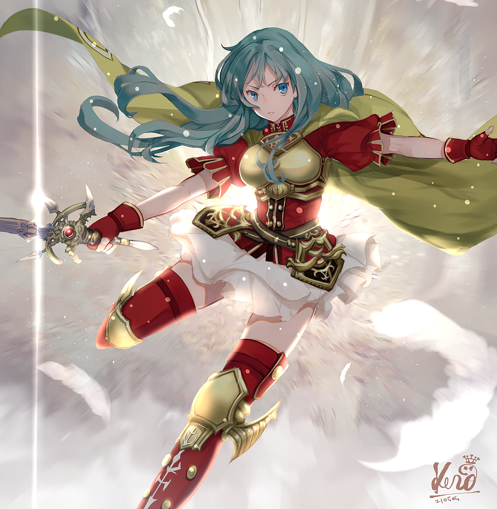 1girl armor artist_name blue_eyes blue_hair boots breastplate breasts cape dated eirika_(fire_emblem) fingerless_gloves fire_emblem fire_emblem:_the_sacred_stones fire_emblem_heroes gloves holding holding_sword holding_weapon jewelry kero_sweet looking_away red_gloves red_legwear short_sleeves signature skirt solo sword thigh_boots thighhighs weapon white_skirt