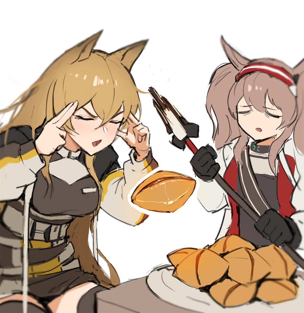 2girls angelina_(arknights) animal_ears arknights bangs black_choker black_jacket black_legwear black_shirt breasts brown_hair ceobe_(arknights) choker closed_eyes cookie dog_ears dog_girl english_commentary food fox_ears fox_girl hairband holding holding_staff infection_monitor_(arknights) jacket jason_kim long_hair long_sleeves man_levitating_pizza_(meme) medium_breasts meme multiple_girls open_clothes open_jacket open_mouth red_hairband shirt solo staff swept_bangs thighhighs twintails two-tone_hairband upper_body v-shaped_eyebrows very_long_hair white_jacket