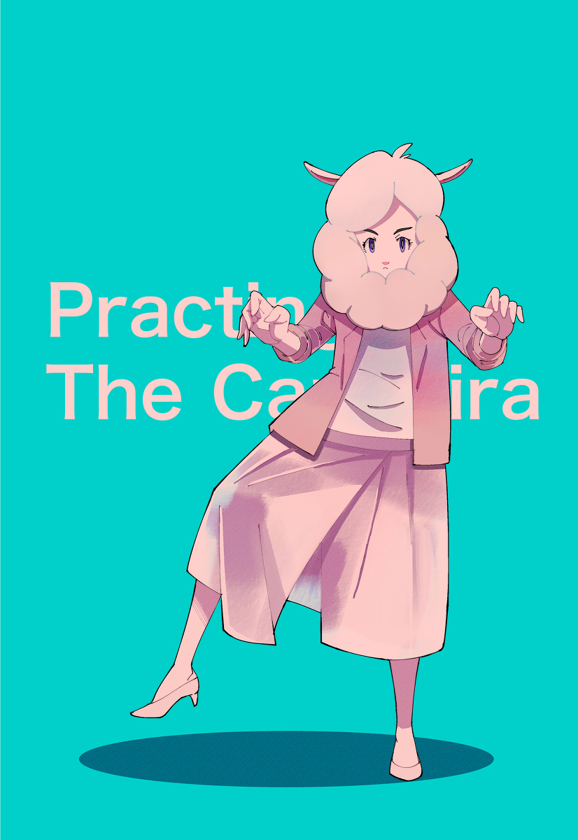 2021 alpaca anthro better_version_at_source camelid capoeira clothed clothing cyan_background female fully_clothed fur hi_res high_heels how_long humanoid_hands looking_at_viewer mammal miho_shirakawa_(odd_taxi) odd_taxi pose raised_leg simple_background solo text white_body white_fur wool_(fur)