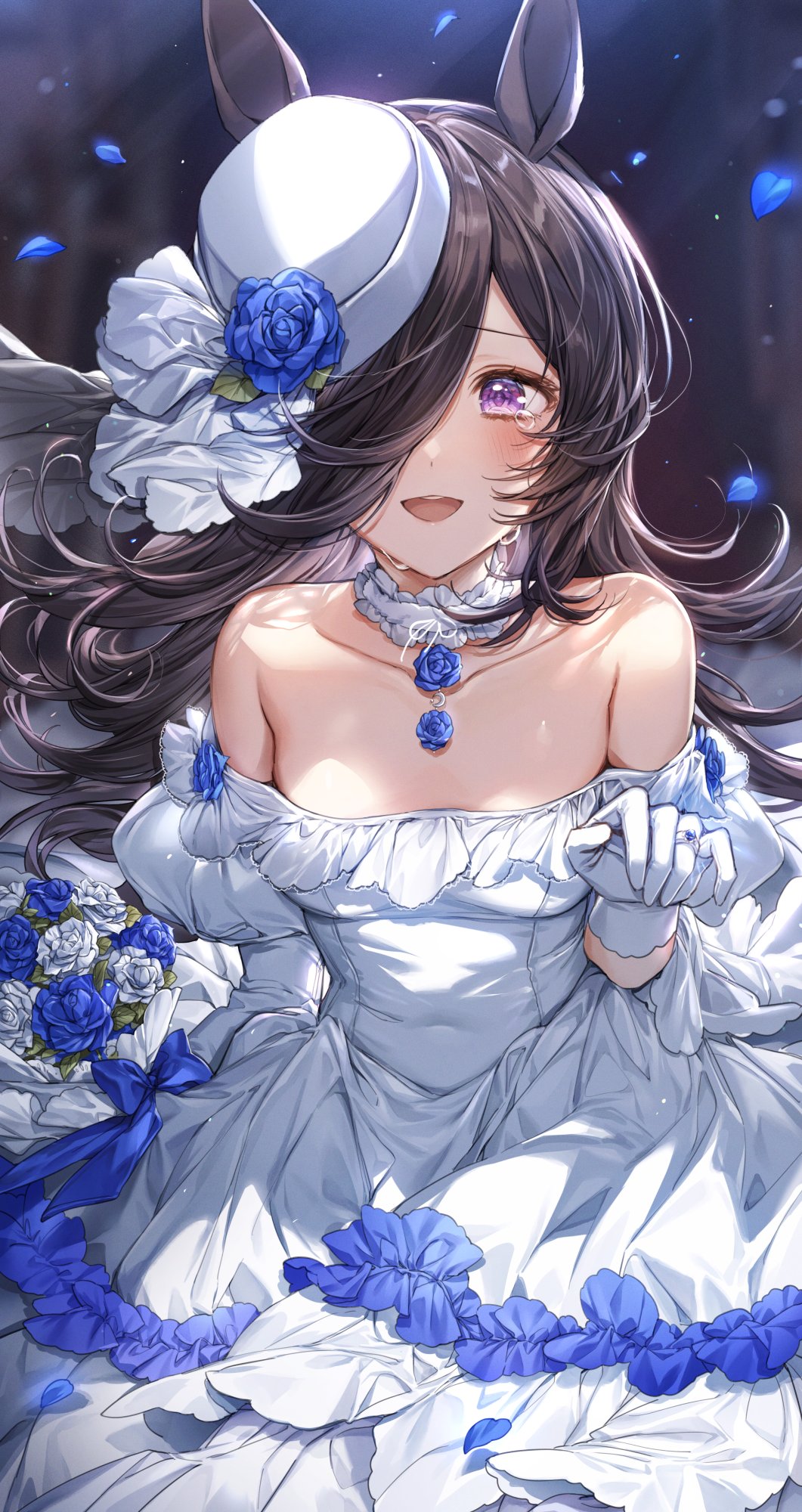 1girl :d animal_ears bare_shoulders blue_flower blue_rose blush bouquet breasts brown_hair collarbone commentary_request crying crying_with_eyes_open dress flower gloves hair_over_one_eye hat hat_flower hat_over_one_eye highres horse_ears horse_girl jewelry long_hair looking_at_viewer off-shoulder_dress off_shoulder open_mouth petals pillo purple_eyes rice_shower_(umamusume) ring rose small_breasts smile solo tears umamusume wedding_dress wedding_ring white_dress white_flower white_gloves white_rose